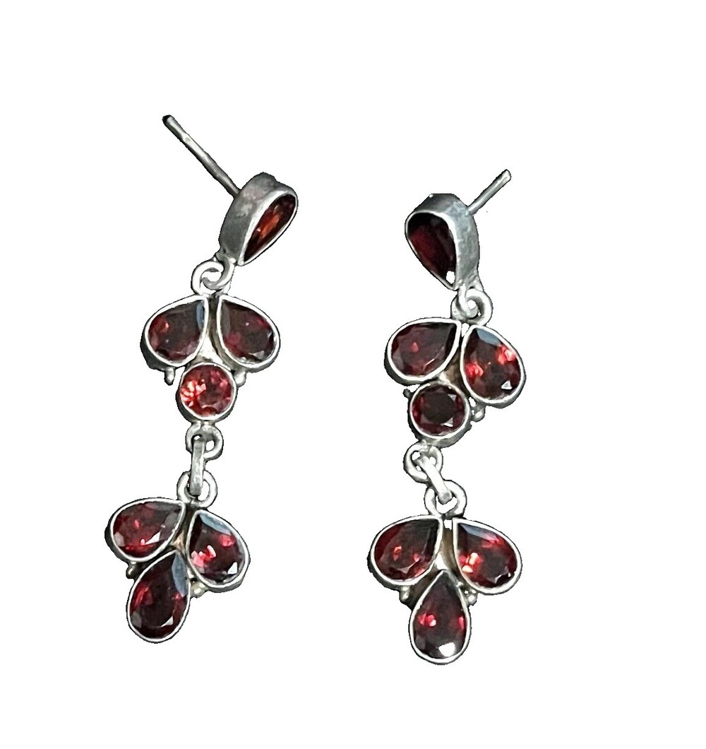 925 Sterling Silver garnet Teardrop Stone Bezel Dangle Drop earrings. 2.25 in